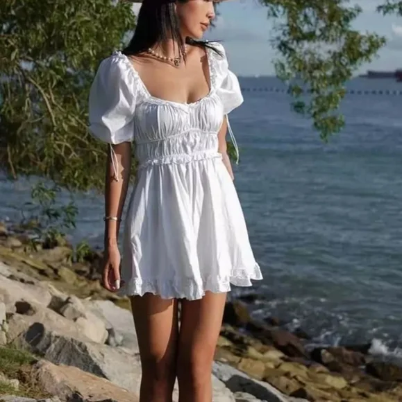 White Puff Sleeve Square Neck Dress with Lace and Ruffle Detail - Picture 5 of 16